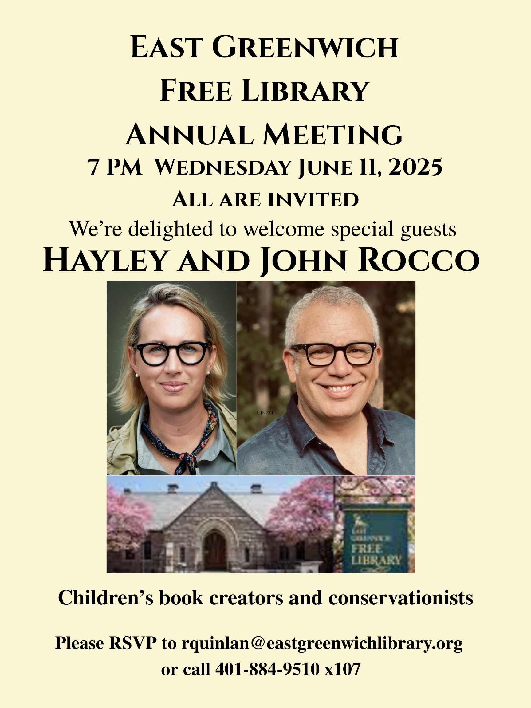Poster advertising annual meeting with pictures of Hayley and John Rocco