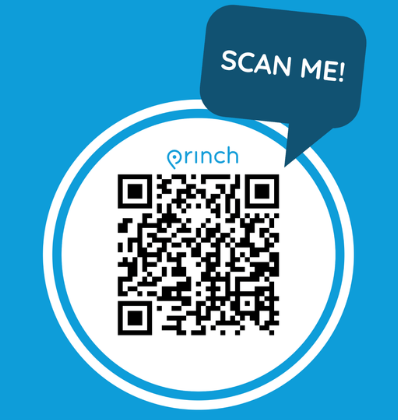 QR code on blue background with dark blue text box that says SCAN ME