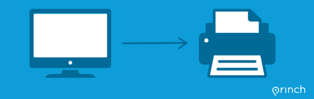Computer with arrow pointing to printer with Princh logo at bottom left corner on blue background