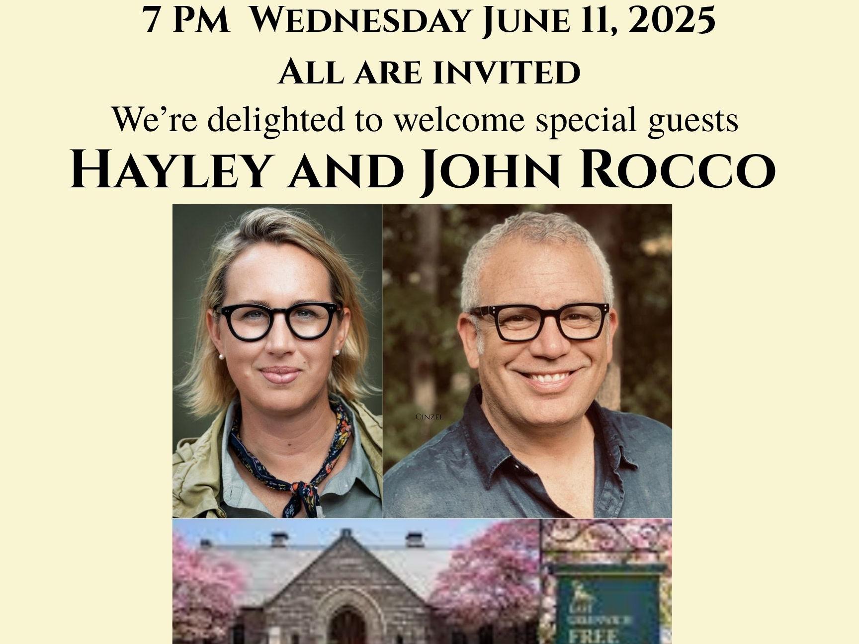 Poster advertising annual meeting with pictures of Hayley and John Rocco